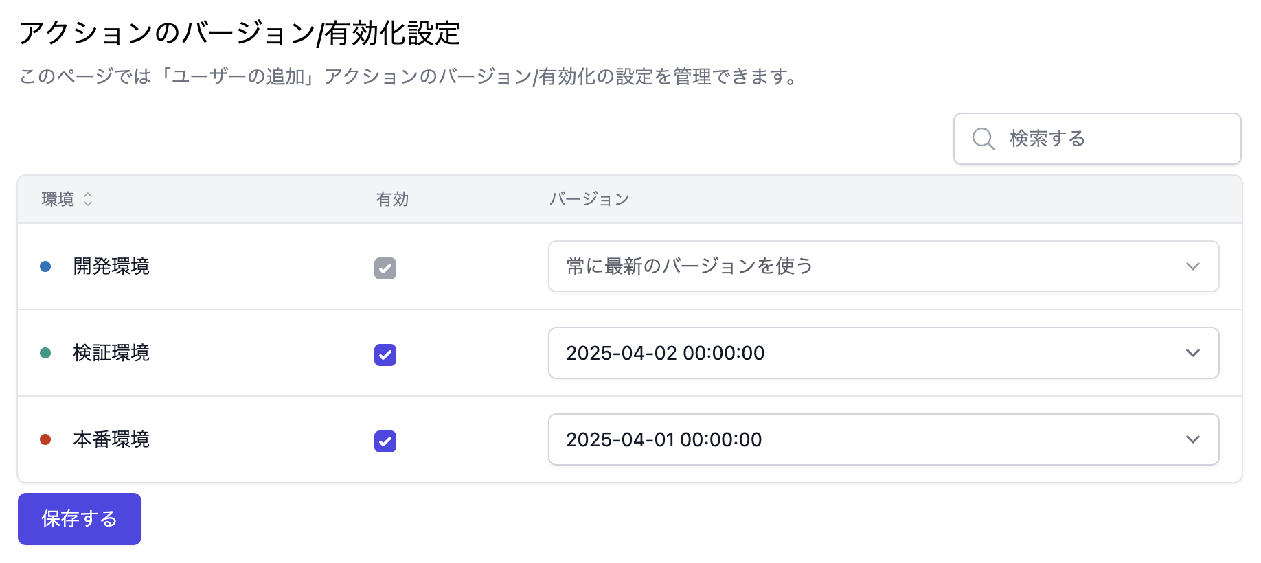 アクションのバージョン/有効化設定画面