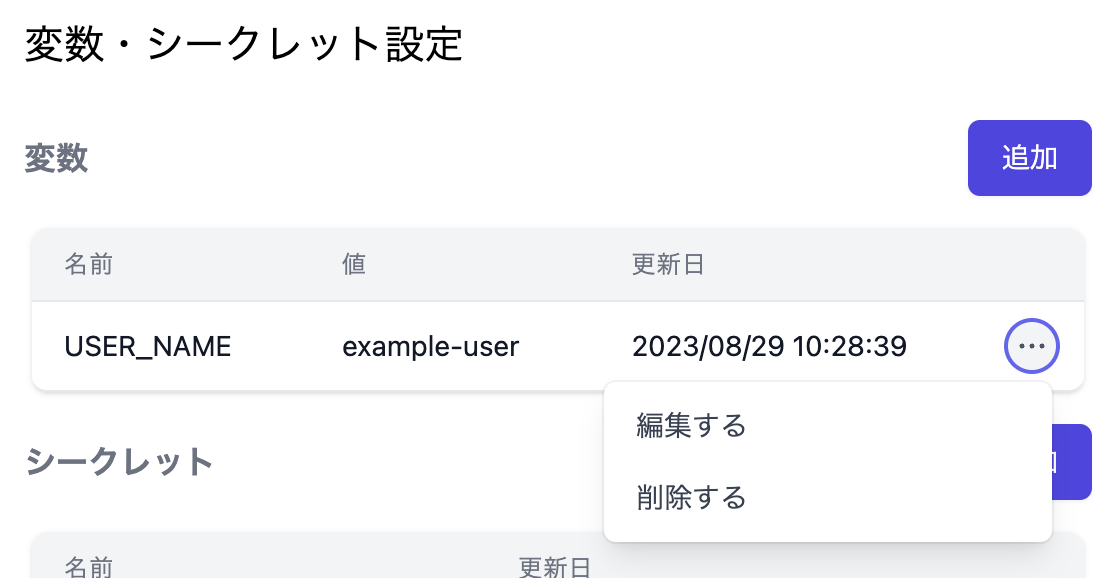 変数・シークレットの編集、削除