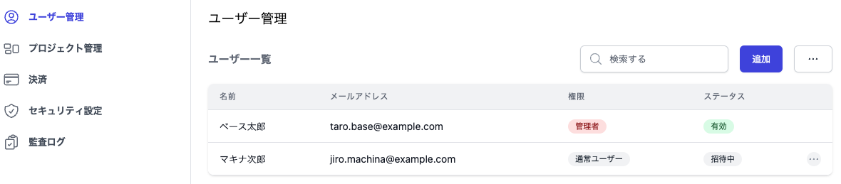 企業アカウントのユーザー管理画面