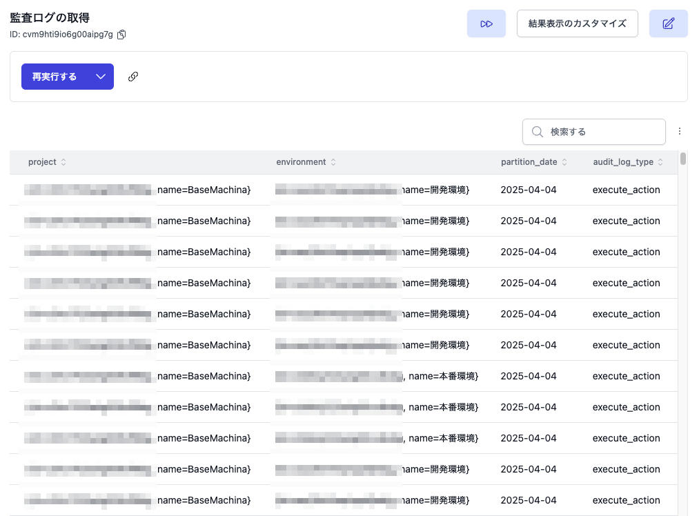 監査ログを取得するアクションの実行結果